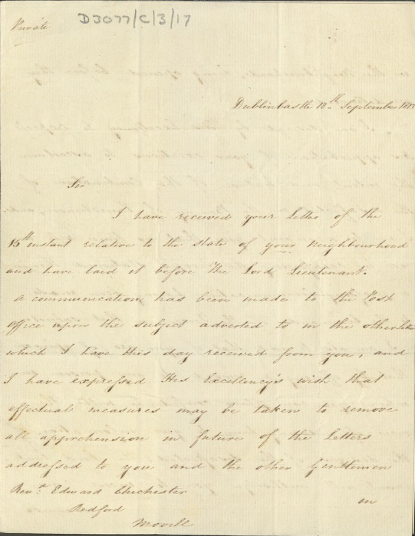 Sir Robert Peel (Chief Secretary) to Rev Edward Chichester